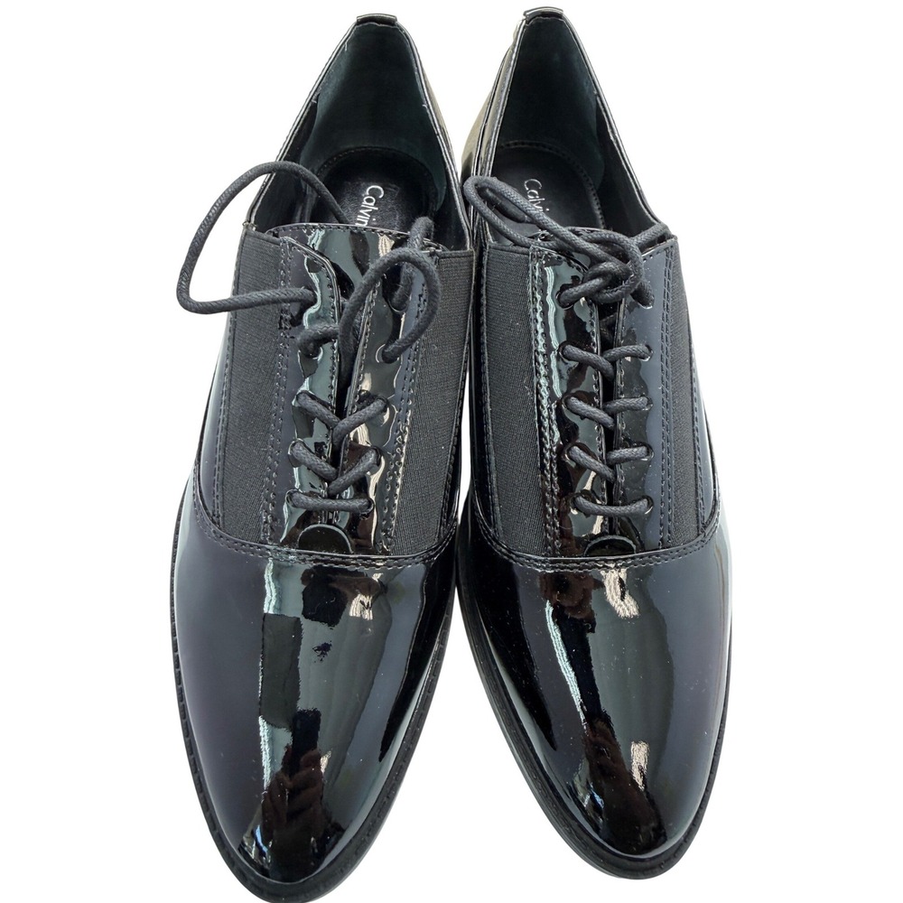 Calvin Klein Della Black Patent Leather Lace Up Oxford Dress Shoes Mens 9.5